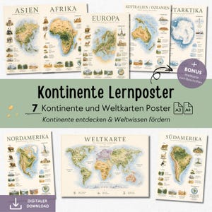May include: Seven educational posters displaying world maps and continents, including Asia, Africa, Europe, Australia/Oceania, Antarctica, North America, South America, and a world map. Posters are available in A3 and A4 sizes.