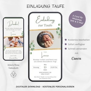 Digitale Einladung Taufe Eukalyptus, personalisierbare Einladungskarte Taufe mit Foto, E-Card Taufeinladung Baby WhatsApp Gold Vorlage Canva