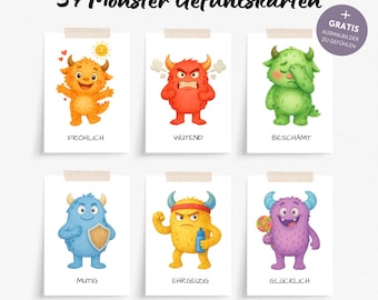 Monster emotion cards for children to learn emotions, cards for children to learn emotions Montessori learning cards download emotion cards for children to print out PDF