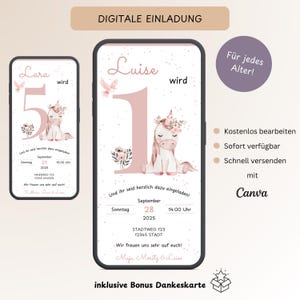 Invitación digital cumpleaños infantil unicornio 1er cumpleaños, invitación pastel delicado personalizable niña, tarjeta electrónica WhatsApp, plantilla Canva