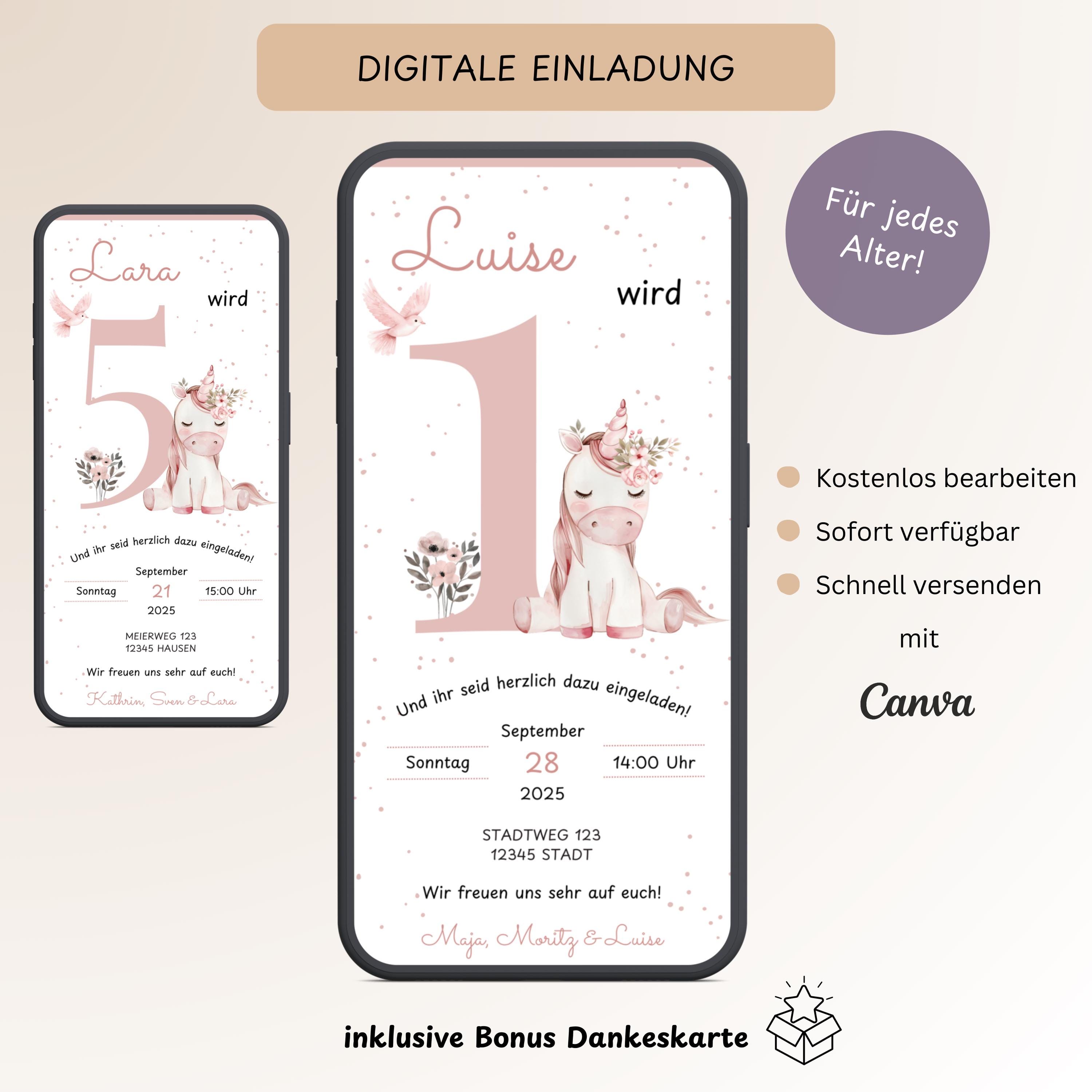 Digital Invitation Children's Birthday Unicorn 1st Birthday, Personalizable delicate pastel invitation girl, E-Card WhatsApp, Template Canva