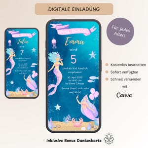 Einladung Kindergeburtstag Meerjungfrau, Personalisierbare digitale Einladungskarte Party Mädchen, E-Card Geburtstag WhatsApp, Vorlage Canva