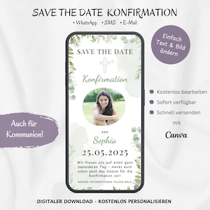 Pode incluir: Um cartão digital de guardar a data para uma confirmação com um design floral verde. O cartão apresenta uma cruz, o nome Sophia e a data 25.05.2025. O texto diz "Save the Date Confirmation" e "Wir freuen uns auf einen ganz besonderen Tag - merkt euch schon jetzt das Datum für die Konfirmation vor!"