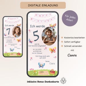 Digitale uitnodiging vlinder kinderverjaardag, personaliseerbare uitnodigingskaart verjaardag vlinder meisje WhatsApp-sjabloon Canva