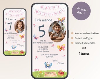 May include: Digital invitation template with a pink and blue butterfly theme. The template features a large number "5" and the text "Happy Birthday". The template is designed for a 5th birthday party. The template is customizable and can be edited using Canva.