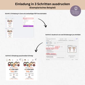May include: A step-by-step guide for printing invitations. The image shows the process: downloading a PDF, printing two invitations per A4 sheet, and cutting them out. The invitations are for a Halloween costume party.