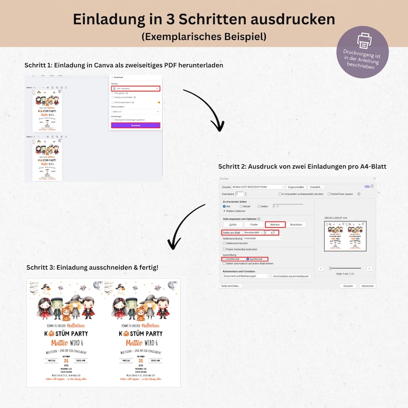 May include: A step-by-step guide for printing invitations. The image shows the process: downloading a PDF, printing two invitations per A4 sheet, and cutting them out. The invitations are for a Halloween costume party.