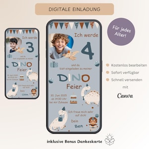 Invitation numérique anniversaire enfant dinosaure & photo, carte d'invitation personnalisable dinosaures garçons, carte électronique anniversaire bleu modèle Canva