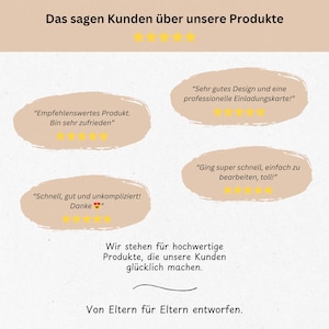 K&ouml;nnte beinhalten: Hellbeige Grafik mit Kundenbewertungen und Sternebewertungen. Der Text enth&auml;lt S&auml;tze wie &bdquo;Empfehlenswertes Produkt&ldquo; und &bdquo;Sehr zufrieden&ldquo;. Das Bild enth&auml;lt auch den Text &bdquo;Von Eltern f&uuml;r Eltern entworfen&ldquo;.
