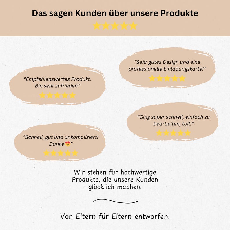 K&ouml;nnte beinhalten: Hellbeige Grafik mit Kundenbewertungen und Sternebewertungen. Der Text enth&auml;lt S&auml;tze wie &bdquo;Empfehlenswertes Produkt&ldquo; und &bdquo;Sehr zufrieden&ldquo;. Das Bild enth&auml;lt auch den Text &bdquo;Von Eltern f&uuml;r Eltern entworfen&ldquo;.