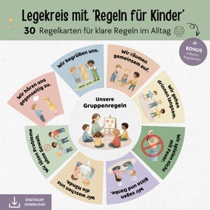 May include: A circular educational chart in German, titled "Rules for Children", with illustrations and text. It features 30 rule cards for daily life, plus bonus blank cards. The design includes colourful illustrations of children and classroom rules.