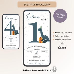 Digitale uitnodiging 1e verjaardag dinosaurus, personaliseerbare uitnodigingskaart dinosaurussen jongens, e-card kinderverjaardag blauw, sjabloon Canva