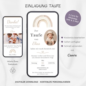 Digitale Einladung Taufe Regenbogen Boho, personalisierbare Einladungskarte Taufe, Taufeinladung Regenbogen WhatsApp & Foto, Vorlage Canva