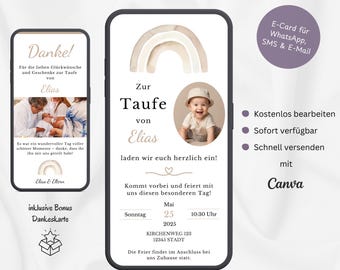 Digitale Einladung Taufe Regenbogen Boho, personalisierbare Einladungskarte Taufe, Taufeinladung Regenbogen WhatsApp & Foto, Vorlage Canva