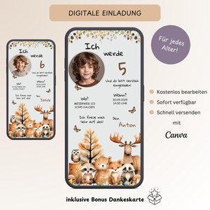 Invitation numérique anniversaire enfant animaux de la forêt & photo, carte d'invitation anniversaire personnalisable, e-card WhatsApp renard ours, modèle Canva