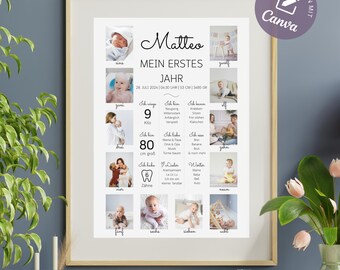 Milestone board 1st birthday birthday poster photo, baby milestone poster girl boy, baby poster milestones gift template Canva