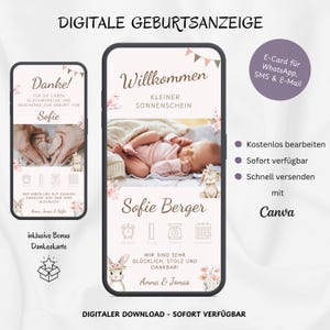 Anuncio de nacimiento digital WhatsApp conejo y flores, anuncio de tarjeta electrónica personalizable foto de nacimiento, tarjeta de nacimiento del teléfono celular rosa, plantilla Canva Baby