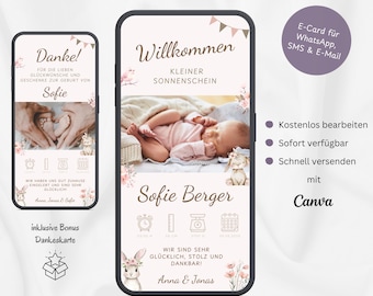 Digital Birth Announcement WhatsApp Bunny & Flowers, Personalizable E-Card Announcement Birth Photo, Mobile Birth Card Pink, Template Canva Baby