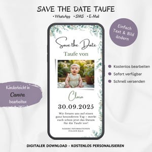 Save The Date E-Card Taufe Eukalyptus mit Foto, Personalisierbare digitale Ankündigung Einladung Taufe neutral, Vorlage Canva WhatsApp Handy