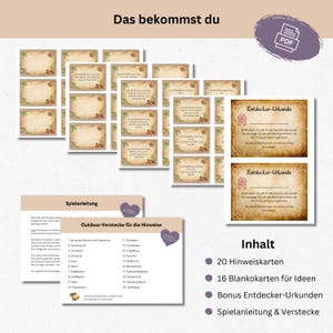May include: A printable set of 20 clue cards, 16 blank cards, and two bonus explorer certificates for an outdoor scavenger hunt. The set also includes instructions and a list of hiding places for the clues. The cards have a vintage, rustic design with brown and green colors.