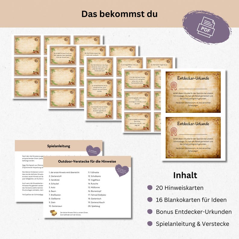 May include: A printable set of 20 clue cards, 16 blank cards, and two bonus explorer certificates for an outdoor scavenger hunt. The set also includes instructions and a list of hiding places for the clues. The cards have a vintage, rustic design with brown and green colors.