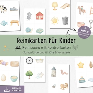May include: A set of illustrated flashcards for children, featuring watercolour images of objects and animals. The cards are designed for language development and include the text "Reimkarten für Kinder" and "44 Reimpaare mit Kontrollkarten".