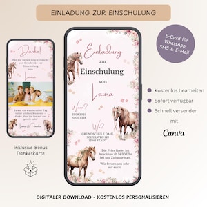 Convite digital para o primeiro dia de aula das meninas com cavalos, e-card personalizado para a volta às aulas com foto do WhatsApp, convite para o primeiro dia de aula, modelo Canva