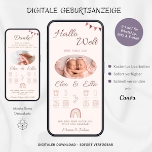 Geburtsanzeige Zwillinge Mädchen WhatsApp, Personalisierbare digitale E-Card Verkündung Geburt Twins, Handy Geburtskarte rosa, Vorlage Canva