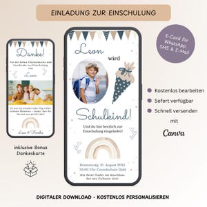 Convite digital para matrícula escolar cone e foto, cartão eletrônico personalizado para início escolar arco-íris, convite para primeiro dia de aula modelo boho Canva