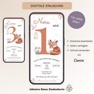 Digitale uitnodiging voor kinderverjaardag vos 1-10 jaar, aanpasbare uitnodigingskaart 1e verjaardag pastel, e-card WhatsApp sjabloon Canva