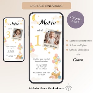 Digitale uitnodiging 1e verjaardag met foto, aanpasbare uitnodigingskaart voor kinderfeestje meisje jongen, e-card WhatsApp, sjabloon Canva