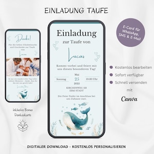 Digitale Einladung Taufe Fisch Wal, personalisierbare Einladungskarte Taufe Jungen Mädchen, Taufeinladung WhatsApp Baby Blau, Vorlage Canva
