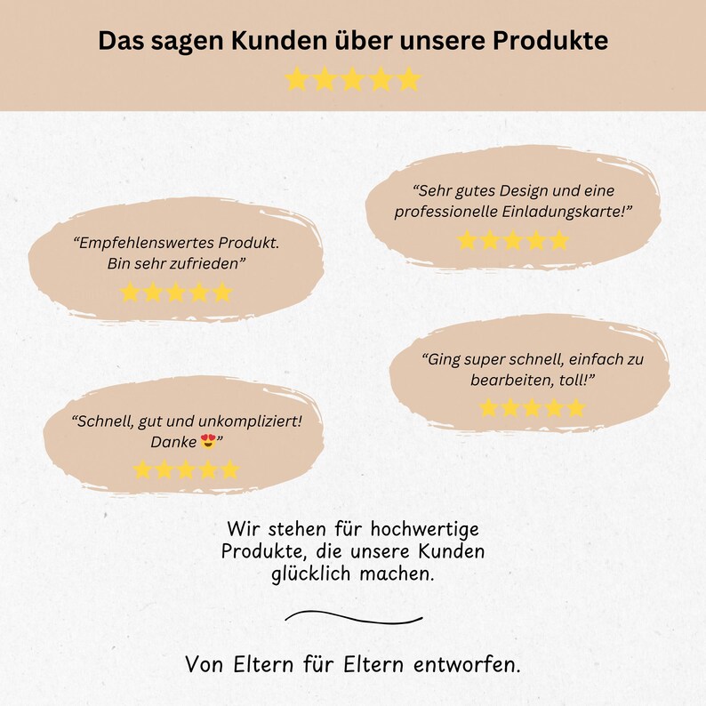 May include: A light beige background features customer testimonials with star ratings. Text in German reads, "Das sagen Kunden &uuml;ber unsere Produkte" (What customers say about our products). Quotes highlight product quality and design.