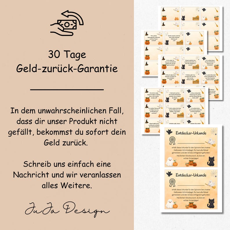 May include: A collection of Halloween-themed cards and certificates. The cards feature pumpkins, witch hats, black cats, and ghosts. The certificates have a gold seal and text in German. The image also includes text in German about a 30-day money-back guarantee.