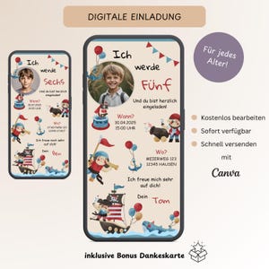Invitación cumpleaños infantil fiesta pirata, tarjeta de invitación digital personalizable niño y foto, tarjeta electrónica cumpleaños WhatsApp, plantilla Canva