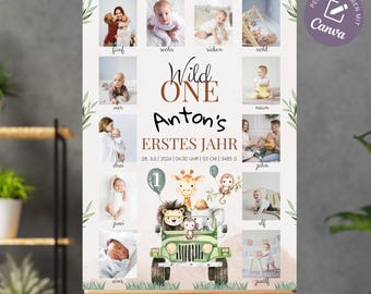 Milestone board 1st birthday birthday poster Wild One Baby milestone poster boy girl, poster milestone board safari template Canva