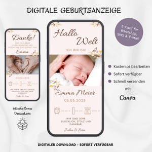 Anuncio de nacimiento digital WhatsApp Boho, anuncio de tarjeta electrónica personalizable niña de nacimiento, tarjeta de nacimiento Hola Mundo Hola Bebé, plantilla Canva