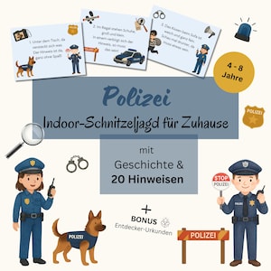 以下が含まれることがあります： 「Polizei」の文字と「Indoor-Schnitzeljagd für Zuhause」のテキストが入った子供向けゲームのイラスト。漫画の警察官、警察犬、手がかり、バッジが描かれており、4〜8歳向けです。
