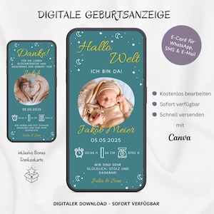 Anuncio de nacimiento digital WhatsApp, tarjeta electrónica personalizable anunciando el nacimiento de un niño, tarjeta de nacimiento para teléfono móvil Hola Mundo Hola Bebé, plantilla Canva
