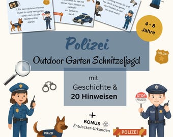 Outdoor scavenger hunt for children 4-8 years, police treasure hunt garden scavenger hunt for children&#39;s birthdays to print out, PDF treasure hunt outside