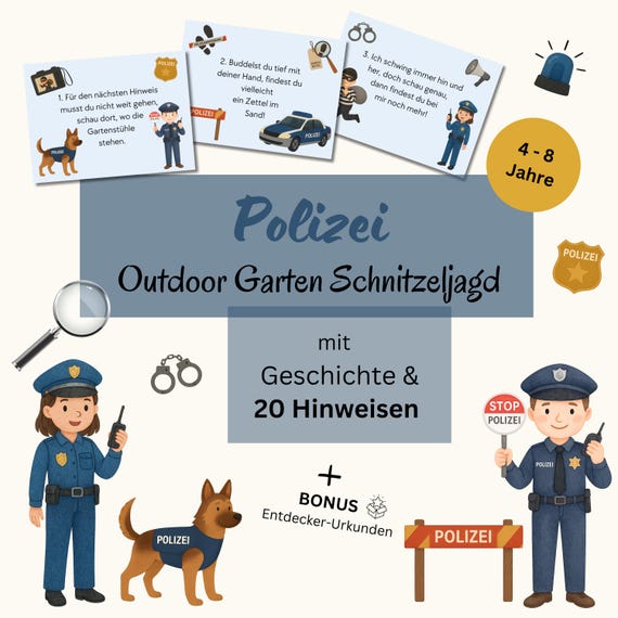 Outdoor Schnitzeljagd Kinder 4-8 Jahre, Polizei Schatzsuche Garten Schnitzeljagd Kindergeburtstag zum Ausdrucken, PDF Schatzsuche draußen