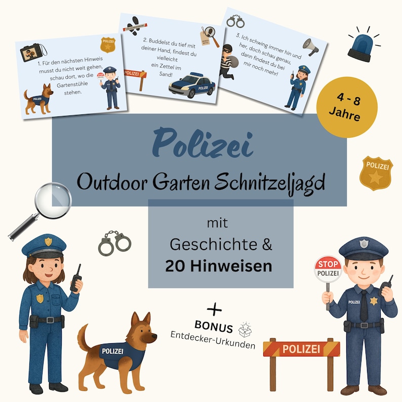 K&ouml;nnte beinhalten: Ein Kinderspiel f&uuml;r eine Schnitzeljagd im Freien mit Polizeimotto. Das Bild zeigt Illustrationen von Polizisten, einem Polizeihund, Hinweisen und den Text "Polizei Outdoor Garten Schnitzeljagd" und "4-8 Jahre".