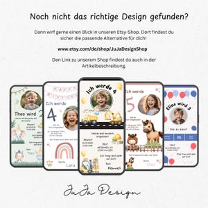 May include: Four colorful birthday invitation designs with a photo of a child and text that says "I am turning 4" or "I am turning 5" or "Theo is turning 2" or "Elias is turning 3".