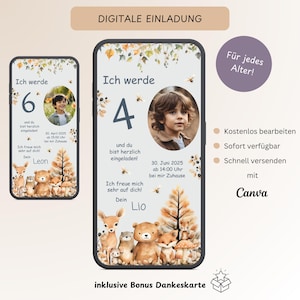 Digitale uitnodiging kinderfeestje bosdieren & foto, personaliseerbare uitnodigingskaart verjaardag WhatsApp, e-card hert beer, sjabloon Canva