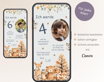 Invitación digital cumpleaños infantil animales del bosque y foto, tarjeta de invitación personalizable cumpleaños WhatsApp, tarjeta electrónica ciervo oso, plantilla Canva