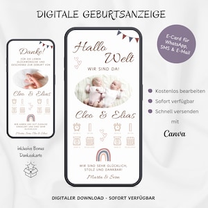 Geboorteaankondiging Tweeling WhatsApp, Personaliseerbare Digitale E-Card Aankondiging Geboorte Tweeling, Mobiele Geboortekaart Hallo wereld, Sjabloon Canva