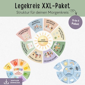 Op de afbeelding: Een kleurrijke educatieve posterset met de tekst "Legekreis XXL-Paket" en "Struktur für deinen Morgenkreis". De set bevat cirkeldiagrammen voor weer, gevoelens en dagelijkse routines, met illustraties en Duitse tekst. Een digitale download is beschikbaar.