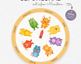 Monster Emotions Wheel Children Montessori Emotions Clock Children Emotions Wheel Children Learn to Understand Emotions, Emotions Wheel Poster to Print PDF