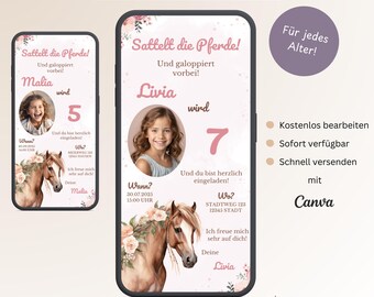 Invitation Anniversaire Enfant Chevaux WhatsApp, Carte Invitation Numérique Personnalisable Anniversaire Fille Fleurs Roses, Modèle Canva Photo