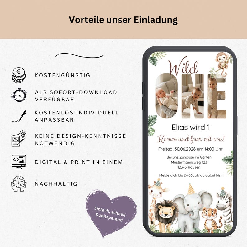 May include: A smartphone displaying a "Wild One" birthday invitation. The invitation features a jungle theme with illustrations of animals like a lion, elephant, and zebra. The text includes the name "Elias" and event details.